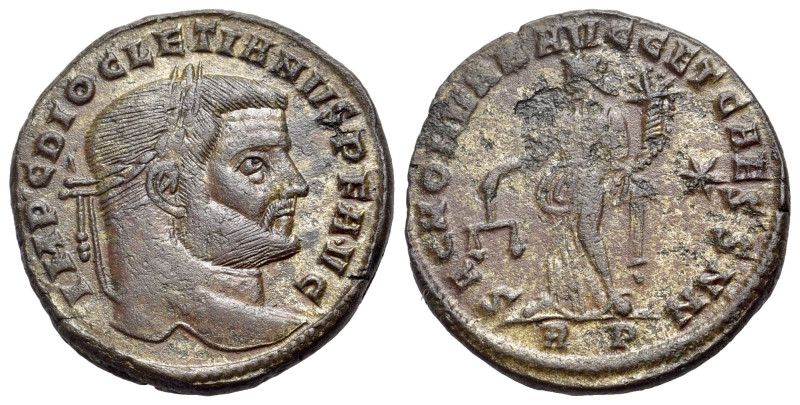 Diocletian (284-305). Æ Nummus (27mm, 9.72g, 6h). Rome. Laureate head r. R/Monet...