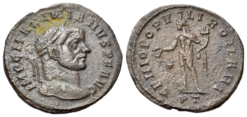 Maximianus (286-305). Æ Nummus (25mm, 6.181g). Ticinum, 296-7. Laureate head r. ...