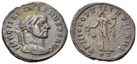 Maximianus (286-305). Æ Nummus (25mm, 6.181g). Ticinum, 296-7. Laureate head r. R/ Genius standing l., holding wreath and cornucopia; *-//PT. RIC VI 3...