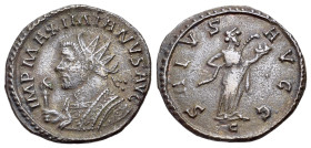 Maximianus (286-305). Radiate (22mm, 3.37g). Lugdunum, 290-1. Radiate and mantled bust l., holding eagle-tipped sceptre. R/ Salus standing r., feeding...