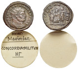 Maximianus (286-305). Radiate (21mm, 2.57g). Heraclea, 295-6. Radiate nd cuirassed bust r. R/ Emperor standing r., receiving Victory on globe from Jup...