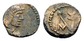 Anastasius I (491-518). Æ Nummus (8mm, 0.61g, 12h). Constantinople, 491-498. Diademed, draped and cuirassed bust r. R/ Monogram of Anastasius. MIBE 40...