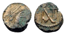 Anastasius I (491-518). Æ Nummus (8mm, 0.57g, 6h). Constantinople, 491-498. Diademed, draped and cuirassed bust r. R/ Monogram of Anastasius. MIBE 40;...