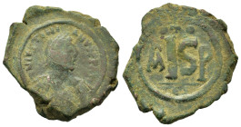 Justinian I (527-565). Æ 16 Nummi (22,7mm, 6.99 g, 6h). Thessalonica mint. Struck 527-562. Diademed, draped, and cuirassed bust r. R/ Large IS; above,...