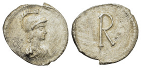 Anonymous. Time of Justinian I, c. 530. AR Third Siliqua (15.6mm,1g). Constantinople. Helmeted, draped, and cuirassed bust of Roma r. R/ Large R. Bend...