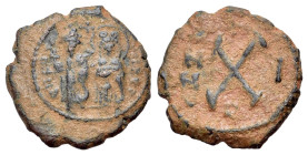Phocas, with Leontia (602-610). Dated RY 5 (AD 606/7). Æ Decanummium (17mm, 2.36g, 6h). Theoupolis (Antioch). Phocas and Leontia standing facing, hold...