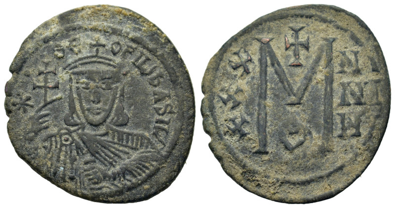 Theophilus (829-842). Æ Follis (27.7mm,7.2g). Constantinople. Bust facing, with ...
