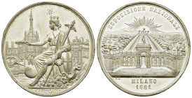 Italy, Milano. Medal 1881, Esposizione Nazionale. White metal Medal (47mm,33.5g). Allegory of Italy seated, in the background Duomo, Arch of Peace, co...