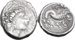 Celtic World. Southern Gaul, Insubres. AR Drachm, imitating Massalia. 2nd century BC. Obv. Wreathed head of nymph right, wearing triple-pendant earrin...