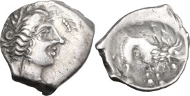 Celtic World. Southern Gaul, Insubres. AR Drachm, imitating Massalia. 2nd century BC. Obv. Wreathed head of nymph right, wearing triple-pendant earrin...