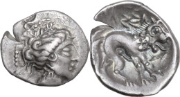 Celtic World. Southern Gaul, Insubres. Insubres or Libui(?). AR Drachm, imitating Massalia. 2nd century BC. Obv. Wreathed head of nymph right, wearing...