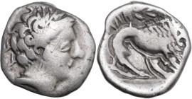Celtic World. Southern Gaul, Insubres. Insubres or Libui(?). AR Drachm, imitating Massalia. 2nd century BC. Obv. Wreathed head of nymph right, wearing...