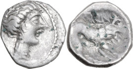 Celtic World. Southern Gaul, Insubres. AR Drachm, imitating Massalia, 2nd century BC. Obv. Wreathed head of nymph right, wearing triple-pendant earrin...