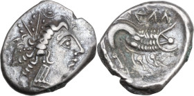 Celtic World. Southern Gaul, Insubres. AR Drachm, imitating Massalia, c. 2nd century BC. Obv. Wreathed head of nymph right, wearing triple-pendant ear...