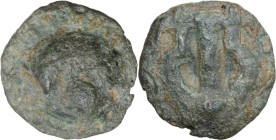 Greek Italy. Umbria, Tuder. AE Cast Semis. Sleeping dog series, 220-200 BC. Obv. Sleeping dog. Rev. Lyre. HN Italy 46; Vecchi ICC 223; Haeberlin pl. 8...
