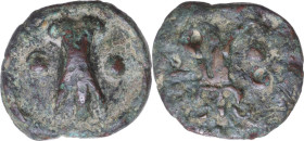 Greek Italy. Umbria, Tuder. AE Cast Sextans. Sleeping dog series, c. 220-200 BC. Obv. Cicada; pellet to left and right. Rev. Trident, VT and two pelle...