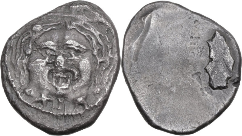 Greek Italy. Etruria, Populonia. AR 20 Asses, c. 3rd century BC. Obv. Head of Me...