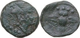Greek Italy. Etruria, Populonia. AE Triens, 3rd century BC. Obv. Head of Menvra right, wearing crested Corinthian helmet; below, four pellets. Rev. Ow...