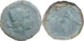 Greek Italy. Etruria, Populonia. AE Sextans, c. 250-200 BC. Obv. Head of Sethlans right, wearing pileus decorated with laurel-wreath; to left, two pel...