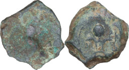 Greek Italy. Central Italy, uncertain mint. AE 19 mm., 1st century BC (?). Obv. Bearded head of Vulcan right, wearing wreathed pileus, [P CAIO(?)] beh...