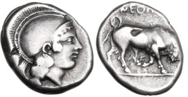 Greek Italy. Central and Southern Campania, Neapolis. AR Nomos, 420-400 BC. Obv. Head of Athena right, wearing crested Attic helmet. Rev. NEOΠ[O] / (r...