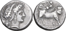 Greek Italy. Central and Southern Campania, Neapolis. AR Nomos, c. 320-300 BC. Obv. Head of the nymph Parthenope right; behind neck, bunch of grapes. ...