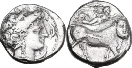 Greek Italy. Central and Southern Campania, Neapolis. AR Nomos, c. 320-300 BC. Obv. Head of the nymph Parthenope right, wearing diadem, earrings and n...