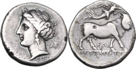 Greek Italy. Central and Southern Campania, Neapolis. AR Nomos, 275-250 BC. Obv. Diademed head of nymph left; behind, TAP; below, EYΞ. Rev. Man-headed...