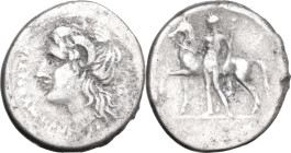 Greek Italy. Central and Southern Campania, Nuceria Alfaterna. AR Nomos, c. 250-225 BC. Obv. NUKIRINUM ALAFATERNUM in Oscan letters. Head of Apollo Ka...