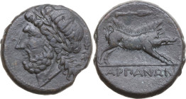 Greek Italy. Northern Apulia, Arpi. AE 21 mm, c. 325-275 BC. Obv. [ΔΑΖΟΥ]. Laureate head of Zeus left; behind, thunderbolt. Rev. Wild boar right; abov...