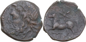 Greek Italy. Northern Apulia, Arpi. AE 16.5 mm. c. 325-275 BC. Obv. Laureate head of Zeus left. Rev. Horse rearing left; star of six rays above, monog...
