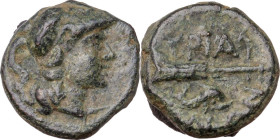 Greek Italy. Northern Apulia, Hyrium. AE 12 mm. 3rd century BC. Obv. Head of Athena right, wearing Corinthian helmet decorated with griffin. Rev. YPIA...