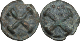 Greek Italy. Northern Apulia, Luceria. Light series. AE Cast Quincunx, c. 217-212 BC. Obv. Four wheel spokes. Rev. Four wheel spokes; above, five pell...