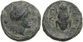 Greek Italy. Northern Apulia, Luceria. AE Uncia, c. 211-200 BC. Obv. Laureate head of Apollo right; at left, pellet. Rev. Frog; around, LOVCERI. HN It...