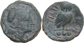 Greek Italy. Northern Apulia, Teate. AE Teruncius, c. 225-200 BC. Obv. Head of Athena right, wearing crested Corinthian helmet. Rev. TIATI (on left). ...