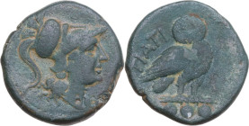 Greek Italy. Northern Apulia, Teate. AE Teruncius, c. 225-200 BC. Obv. Head of Athena right, wearing crested Corinthian helmet. Rev. TIATI (on left). ...