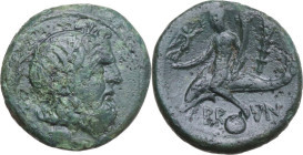Greek Italy. Southern Apulia, Brundisium. AE Uncia, c. 215 BC. Obv. Head of Poseidon right; behind, trident and Nike; below, pellet. Rev. Youth seated...