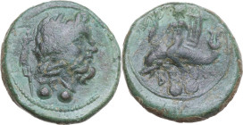 Greek Italy. Southern Apulia, Brundisium. AE Sextans, c. 212-200 BC. Obv. Head of Poseidon right, laureate; behind, Nike and trident; below, two pelle...