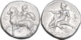 Greek Italy. Southern Apulia, Tarentum. AR Nomos, c. 344-340 BC. Obv. Nude warrior on horseback left, wearing helmet, holding reins and small round sh...