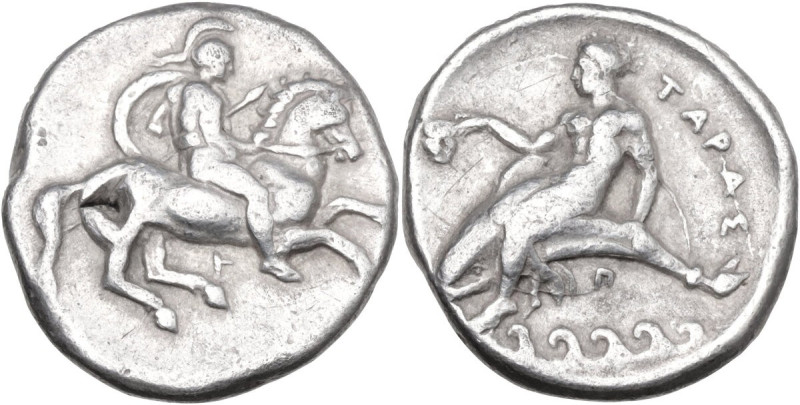 Greek Italy. Southern Apulia, Tarentum. AR Nomos, c. 344-340 BC. Obv. Warrior on...