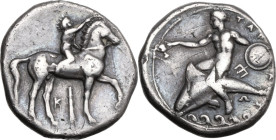 Greek Italy. Southern Apulia, Tarentum. AR Nomos, c. 344-334 BC. Obv. Nude youth on horse stepping right, crowning horse with wreath; below, K and upr...