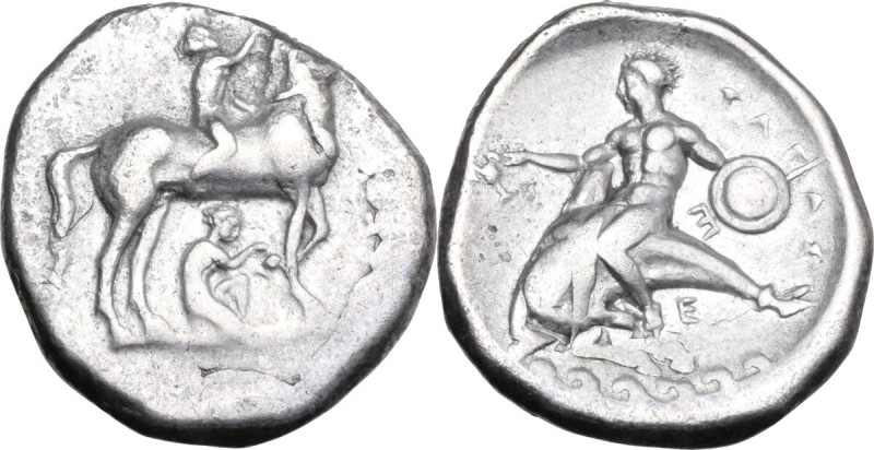 Greek Italy. Southern Apulia, Tarentum. AR Nomos, c. 340-332 BC. Obv. Youth on h...