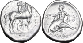Greek Italy. Southern Apulia, Tarentum. AR Nomos, c. 340-332 BC. Obv. Youth on horseback right, placing wreath on horse's head; before, Φ; below, yout...