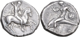 Greek Italy. Southern Apulia, Tarentum. AR Nomos, c. 302-290 BC. Obv. Nude warrior on horseback right, shield on left arm, holding two spears in left ...