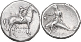 Greek Italy. Southern Apulia, Tarentum. AR Nomos, c. 302-290 BC. Philiarchos, Sa-, and Aga-, magistrates. Obv. Youth on horseback right, crowning hors...