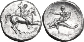 Greek Italy. Southern Apulia, Tarentum. AR Nomos, c. 280 BC. Si-, Dakimos, and Da-, magistrates. Obv. Warrior on horseback right, holding shield and s...