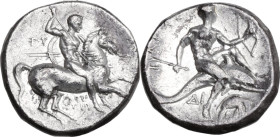 Greek Italy. Southern Apulia, Tarentum. AR Nomos, c. 280-272 BC. Obv. Horseman right, holding shield and two spears, preparing to cast a third; behind...
