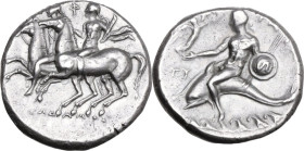 Greek Italy. Southern Apulia, Tarentum. AR Nomos, c. 280-272 BC. Obv. The Dioskouroi riding left; above, monogram; below, ΣΩΔΑΜΟΣ. Rev. Phalantos on d...