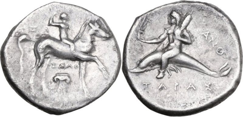 Greek Italy. Southern Apulia, Tarentum. AR Nomos, 280-272 BC. Obv. Horseman righ...