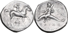 Greek Italy. Southern Apulia, Tarentum. AR Nomos, 280-272 BC. Obv. Horseman right, crowning himself; below, Ionic capital; ZΩ to left, ZAΛO and Ionic ...
